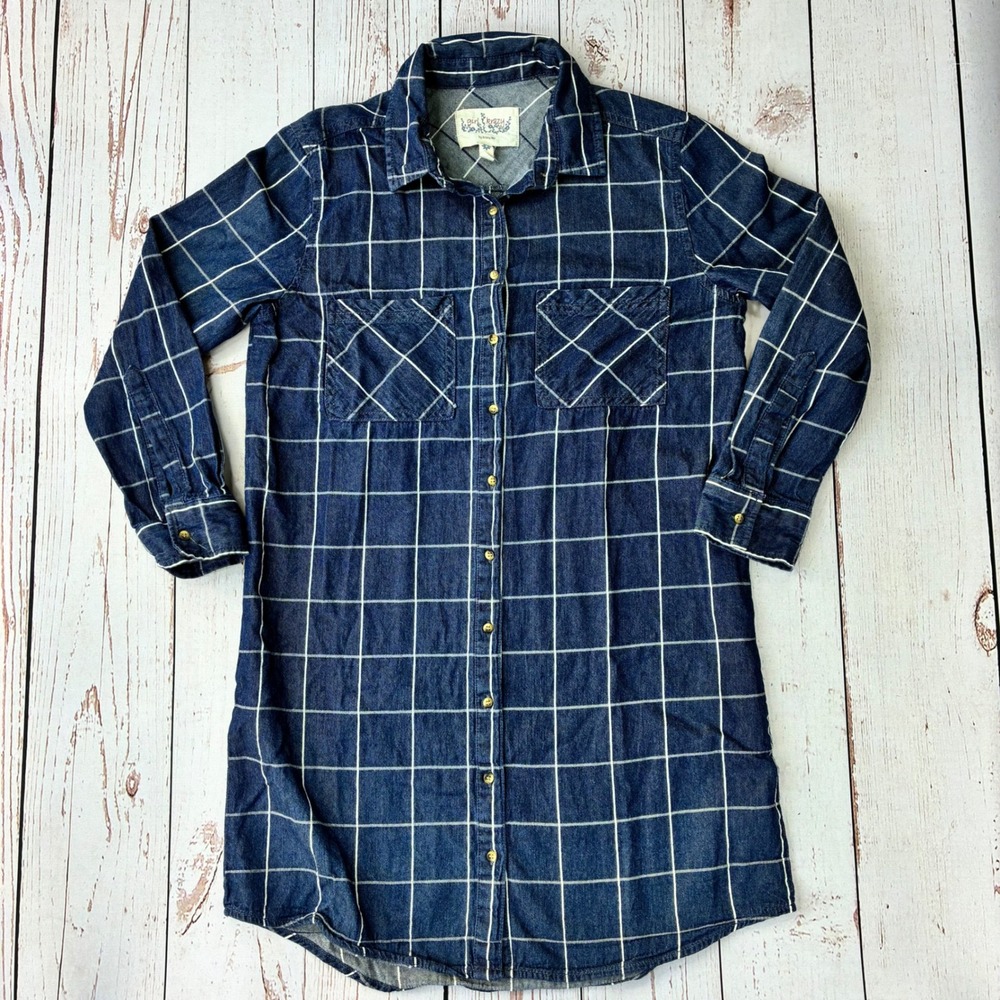 Girl Krazy by Krazy Kat Denim Shirt Dress Blue Windowpane Plaid Button Down Med